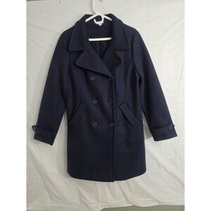 Pea Coat Womens Size Large Long Blue Lined Heavy Warm
